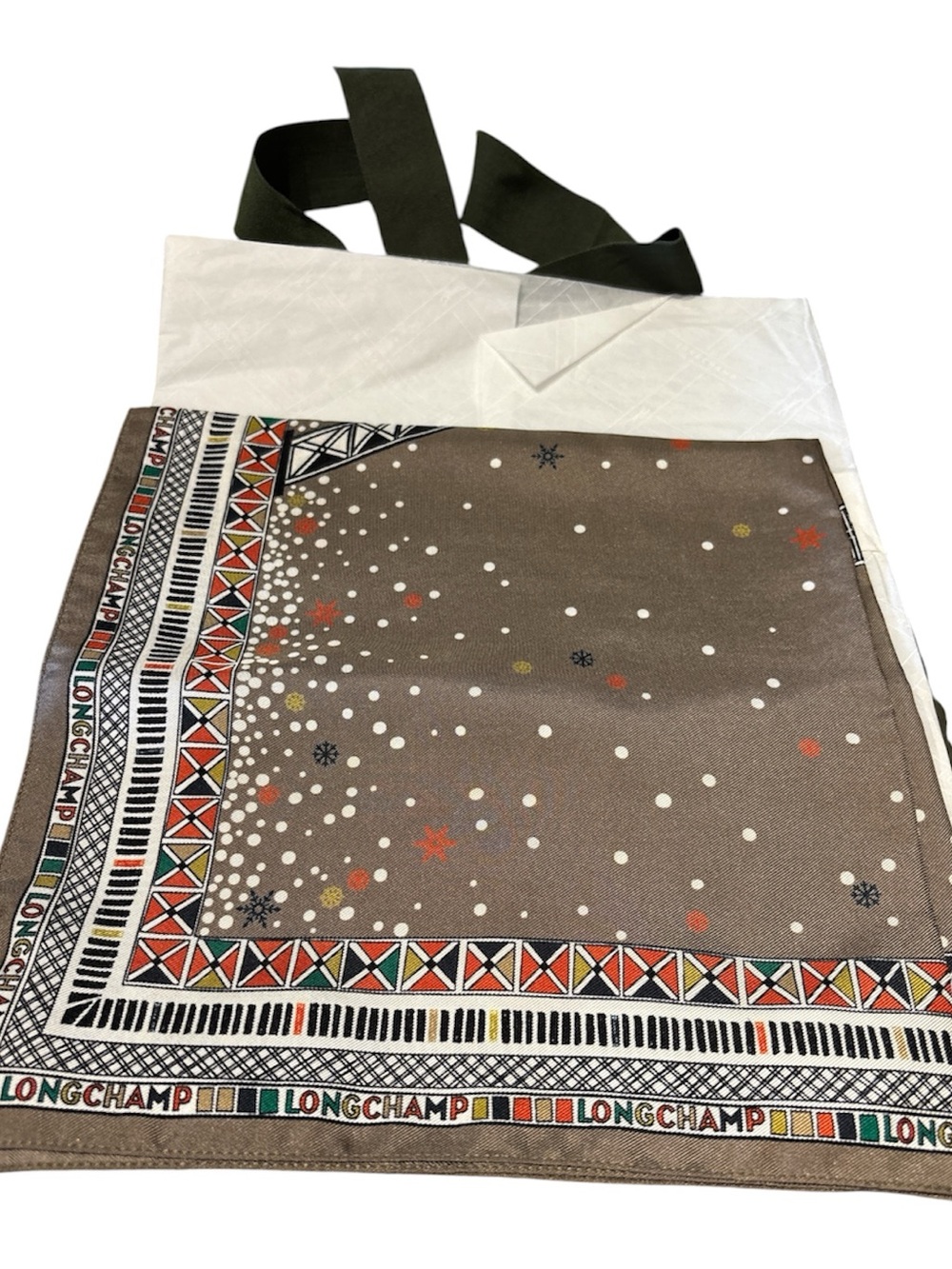 Longchamp Brown Geometric Border Silk Scarf with Multicolor Accents